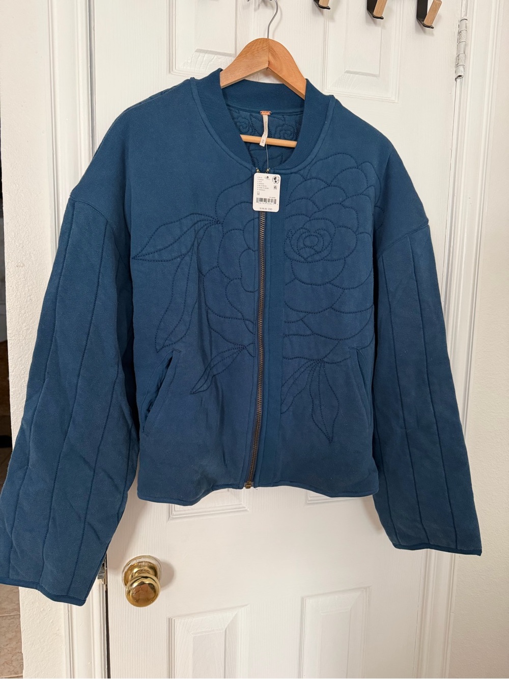 Free People Teal Quilted Floral Zip Bomber Jacket